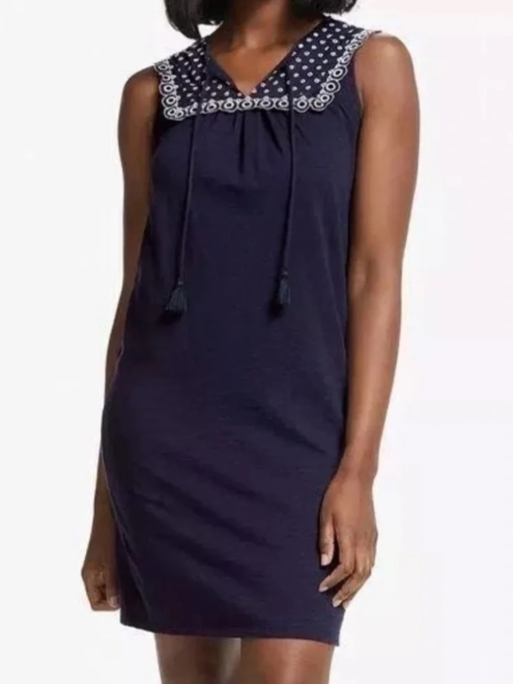 Boden Nella Dress Embroidered Eyelet Collar Jersey Shift Dress Navy Blue Size 6